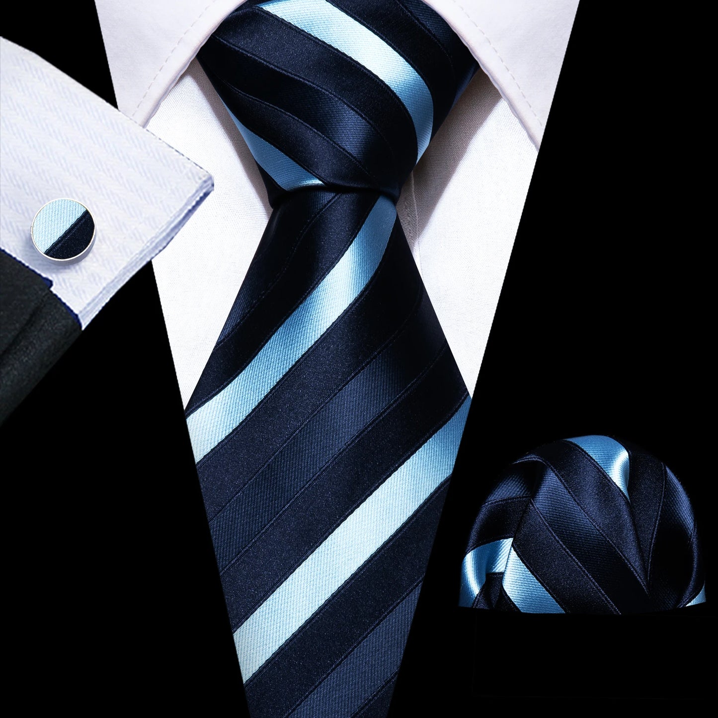 Men’s Luxury Red Striped Necktie Set. Silk Tie, Pocket Square & Cufflinks for Business, Wedding & Formal Wear