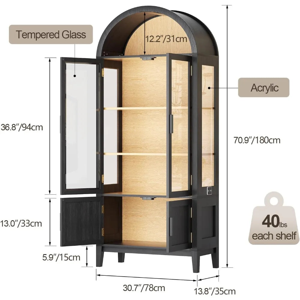 71-inch Kitchen Pantry Cabinet with Arched Bookcase, Glass Doored China Storage Cabinet and Shelves, Human Body Sensor, Versati