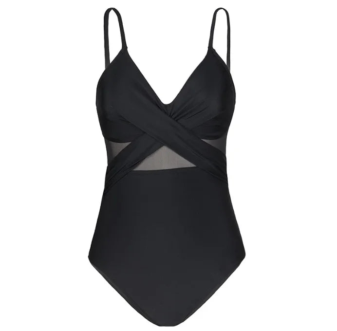 V-Neck Cutout One-Piece Swimsuit.  Contrast Mesh High-Waist Swimwear