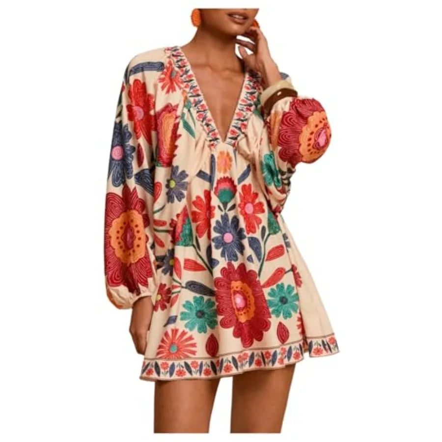 RoseSeek Women's Boho Floral V Neck Mini Dresses Bishop Sleeve Tie Open Back Tropical Dress