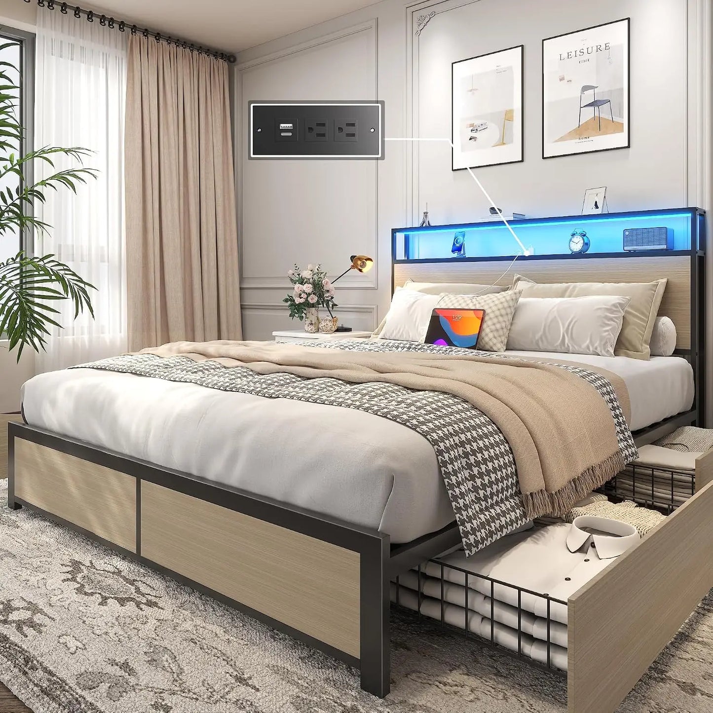 Queen Bed Frame with LED Lights, Charging Station & Storage Headboard