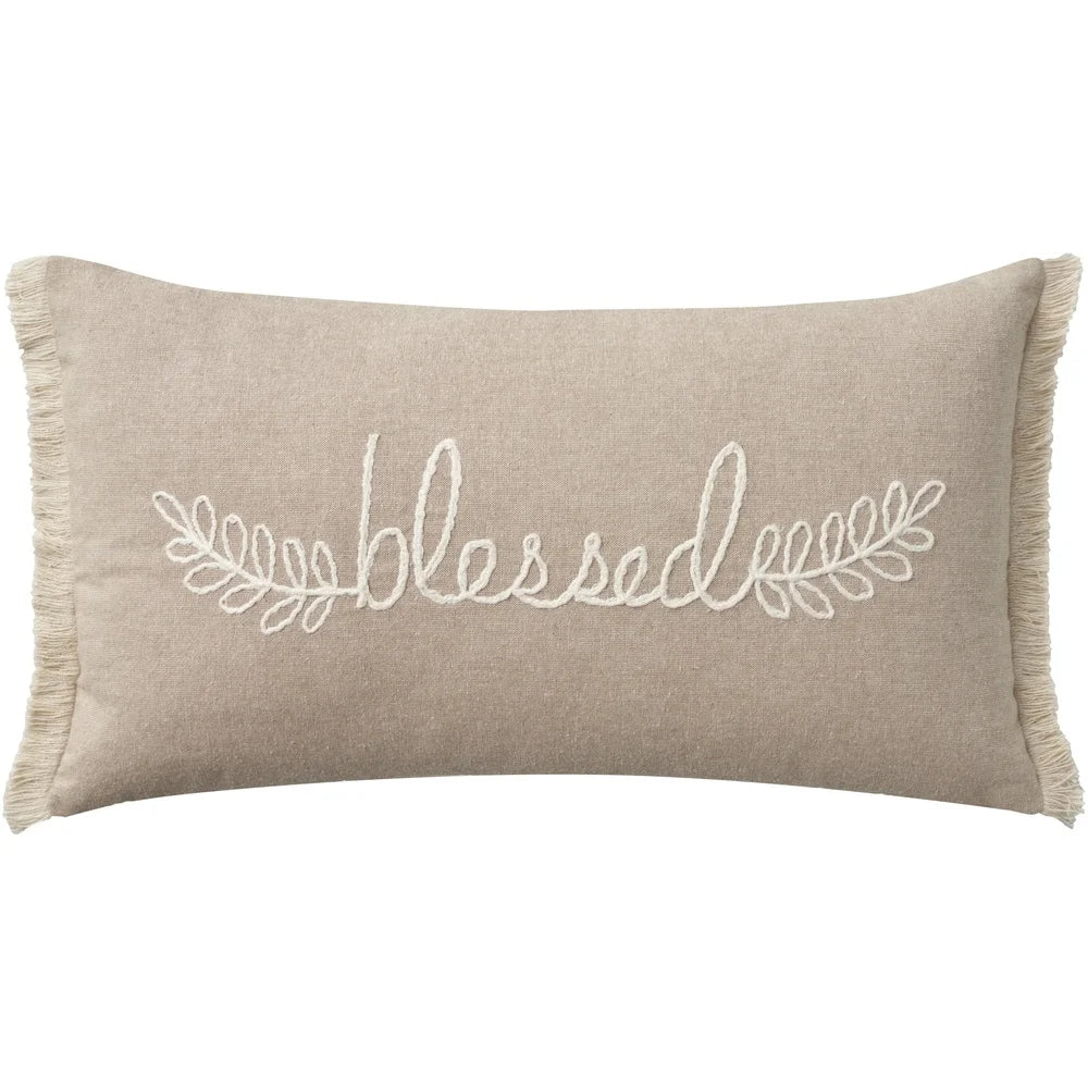 Embroidered Cotton Throw Pillow 12x21 Decorative Cushion Indoor Zip Closure Handmade Farmhouse Style