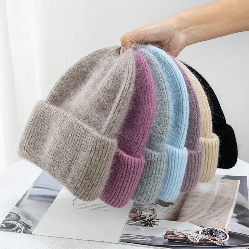 Warm Cashmere Wool Beanie For Women Rabbit Fur Threefold Cap