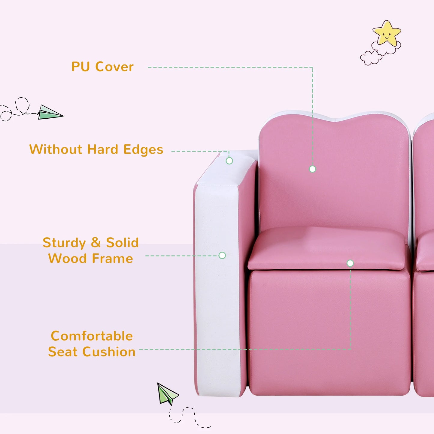 Kids Leather Sofa Armchair Multi-functional Table Chair Set Storage Pink