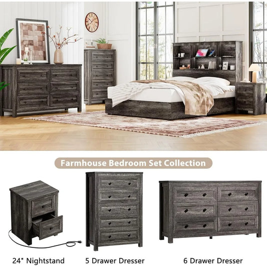4 Pieces Farmhouse Bedroom Furniture Set, 1 X 5 Drawer Dresser, 1 X Rustic 6 Drawer Storage Dresser, Nightstand Set of 2 with Ch