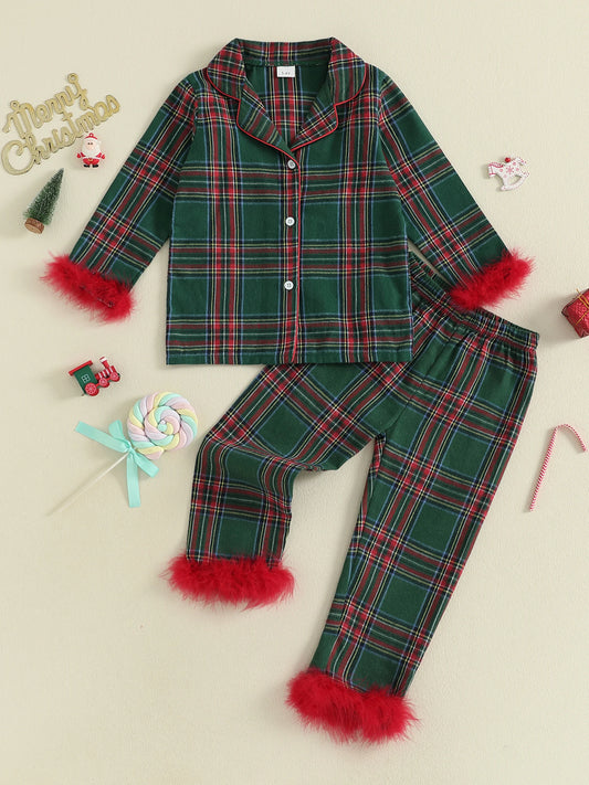 Cute Toddler Winter Plaid Pajama Set with Cozy Faux Fur Trim Long Sleeve Top and Elastic Waist Pants for Girls 2 Piece