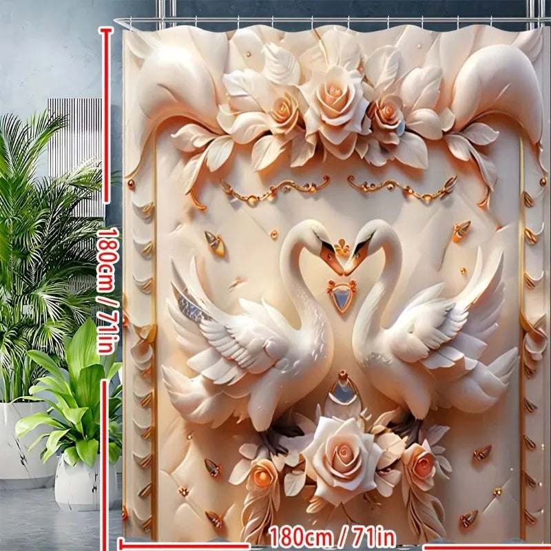3D Swan Embossed Pearl Print Creative Shower Curtain Set, Decorative Bathroom Set