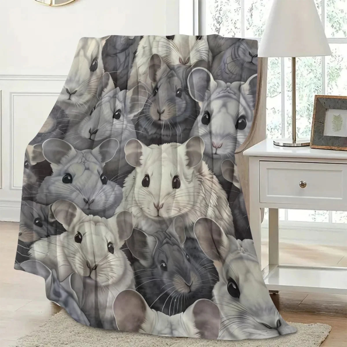 Cute Gray Hamster Flannel Throw Blanket . Ultra Soft Cozy Animal Blanket