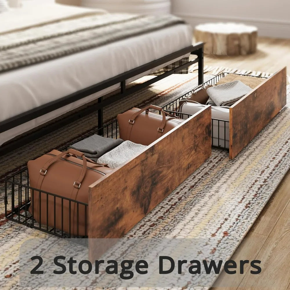 "king-size bed frame with storage headboard, charging station, and underbed drawers - no box spring required, easy assembly"