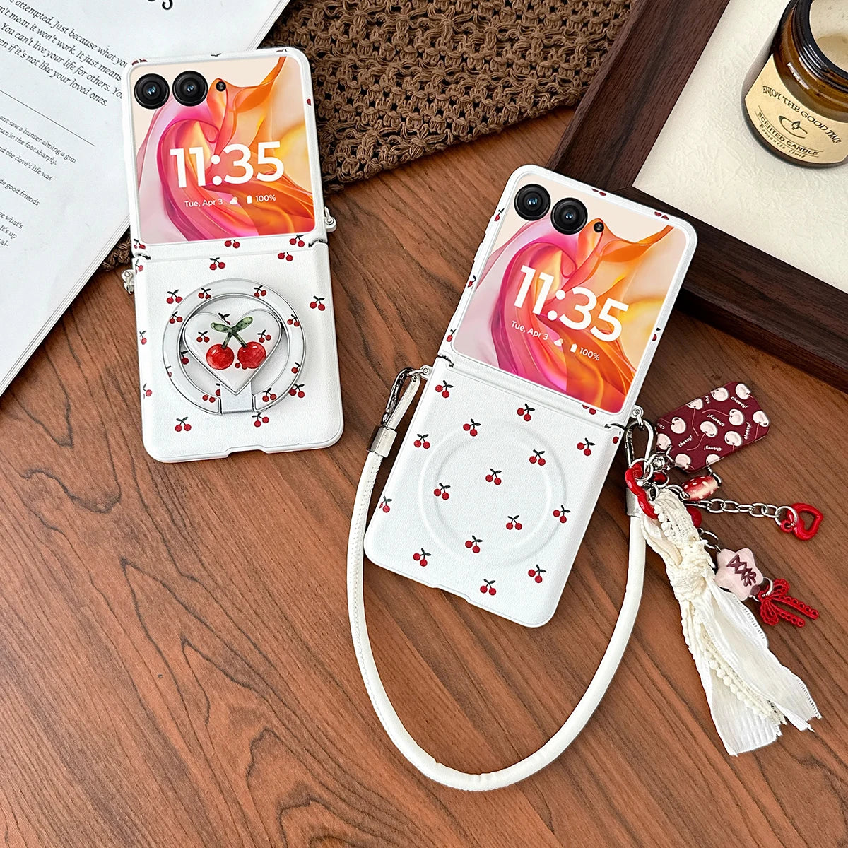 Cherry Print Magnetic Phone Case with Detachable Wrist Strap