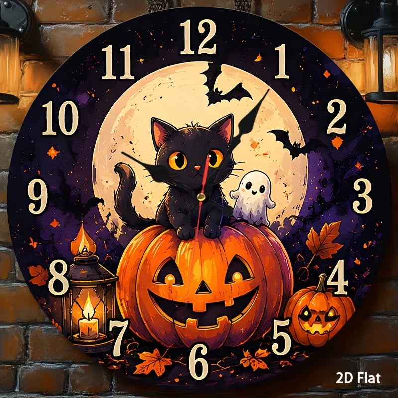 Black Cat & Pumpkin Halloween Wall Clock . Silent Non-Ticking Decorative Clock for Spooky Home Décor