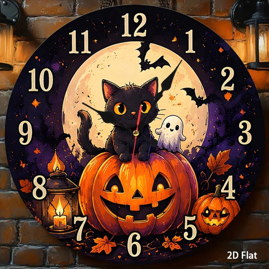 Black Cat & Pumpkin Halloween Wall Clock . Silent Non-Ticking Decorative Clock for Spooky Home Décor
