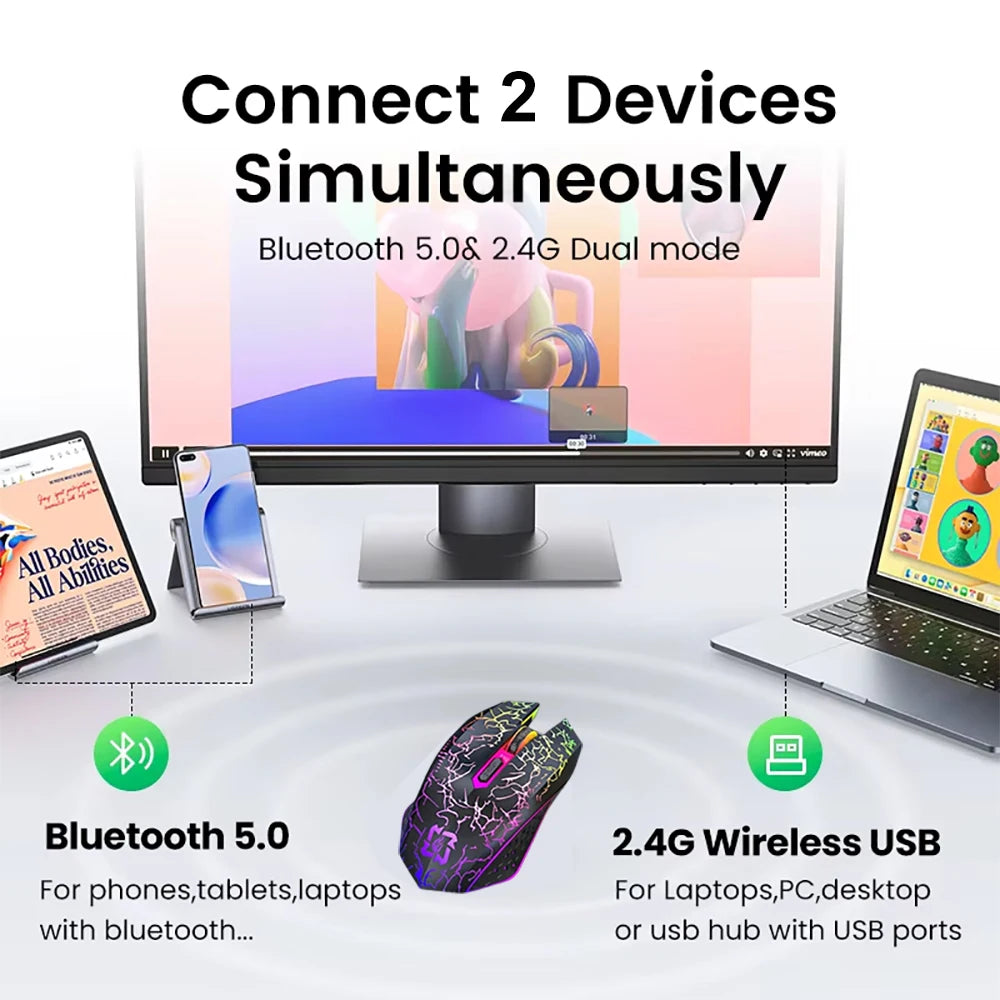 RGB Bluetooth Wireless Gaming Mouse . Rechargeable Ergonomic LED Mouse for PC, Laptop & Gaming