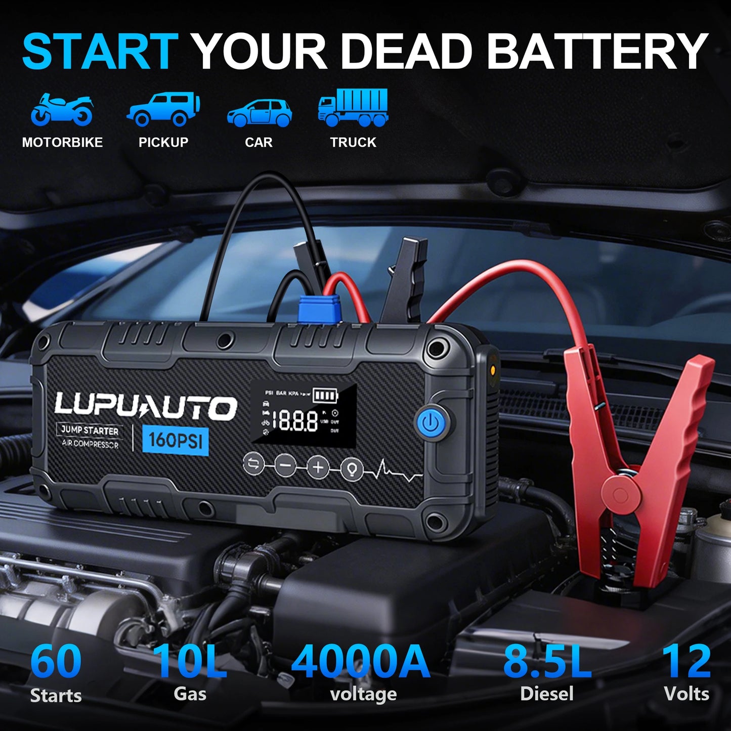 7000A Portable Car Jump Starter with Air Compressor | Battery Booster Pack | Digital Tire Inflator | Power Bank & LED Emergency Light