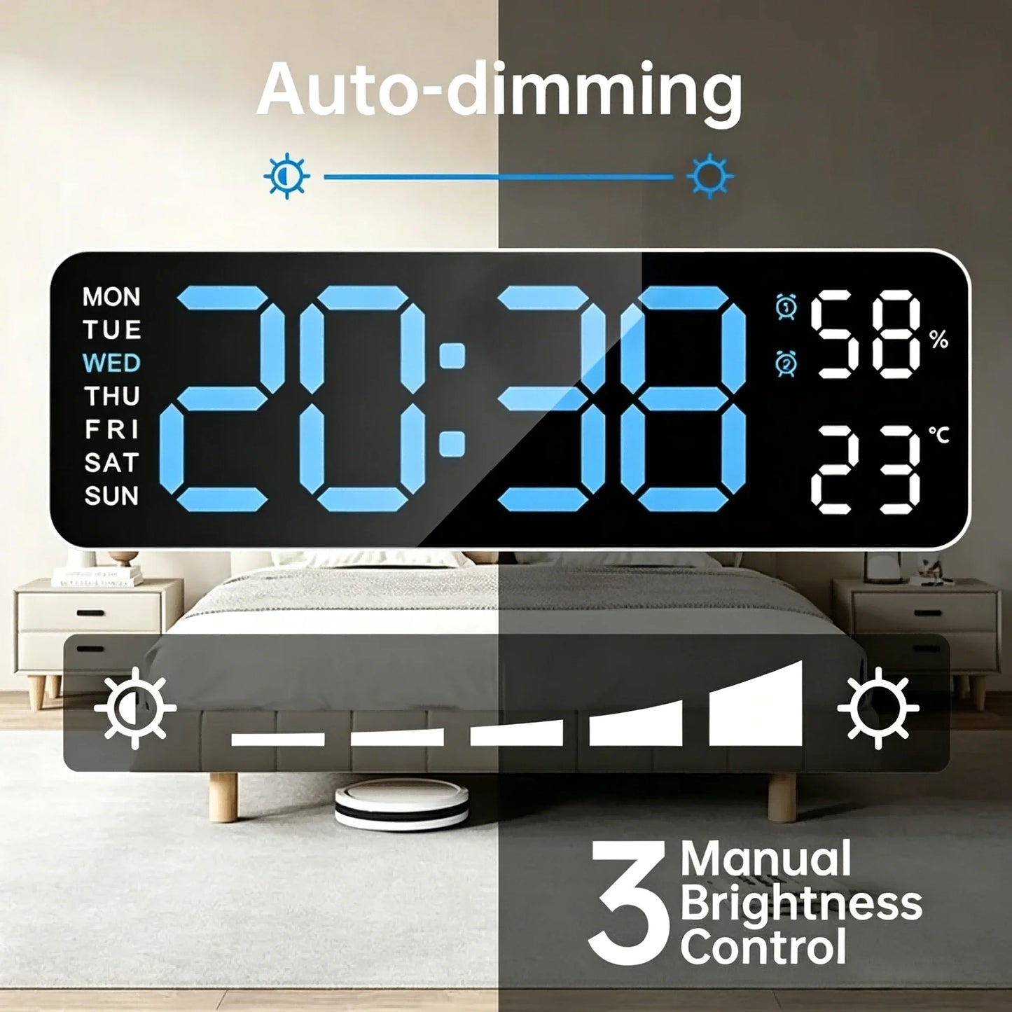 Large LED Digital Wall Clock with Temperature & Humidity Display .Smart Alarm Clock