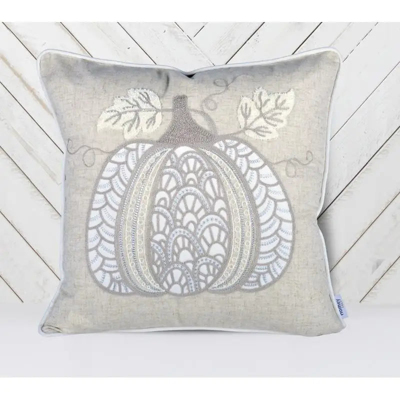 Elegant Lace Embroidered Pumpkin Throw Pillow Neutral Fall Farmhouse Accent Cushion