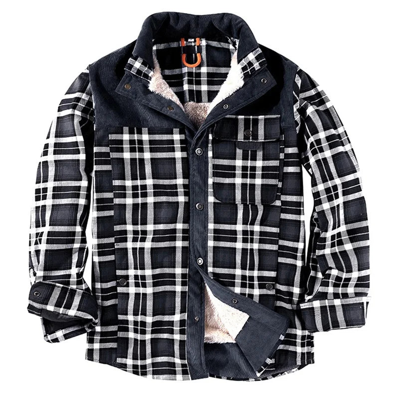 Men s Plaid Sherpa Lined Shirt Jacket Lapel Neck Long Sleeve Button Down Winter Coat Warm Outwear with Pockets