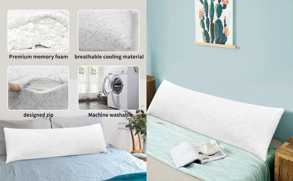 Memory Foam Body Pillow -Fluffy Body Pillows for Adults -Large Long Bed Pillows for Sleeping - 20x54 inch, White