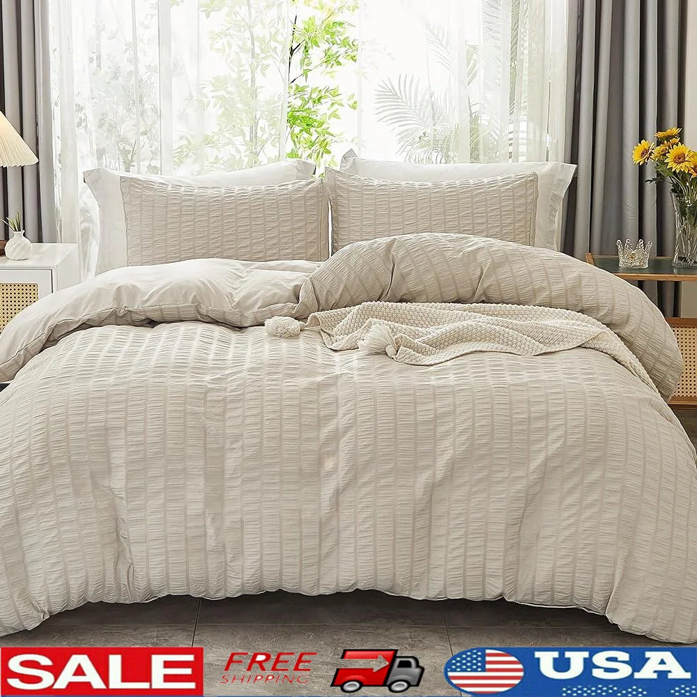 Ultra Soft Seersucker Duvet Cover Set King Size 3 Pieces Wrinkled Microfiber Bedding with Metal Zipper and Corner Ties