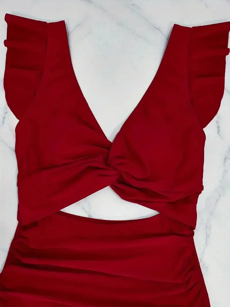 V-Neck Cutout One-Piece Swimsuit.  Contrast Mesh High-Waist Swimwear