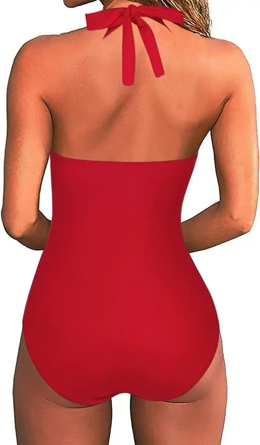 Women’s Slimming Halter One-Piece Swimsuit | Tummy Control V-Neck Bathing Suit