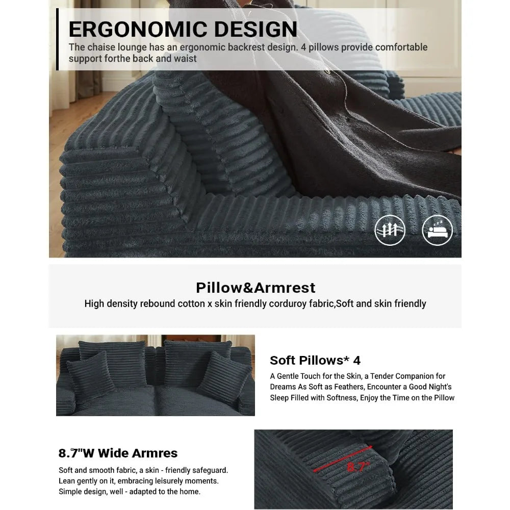 79 Inches Oversized Sectional Double Chaise Lounges Indoor, Corduroy Upholstered Boneless Cloud Stupendous Oversized Chaise Loun