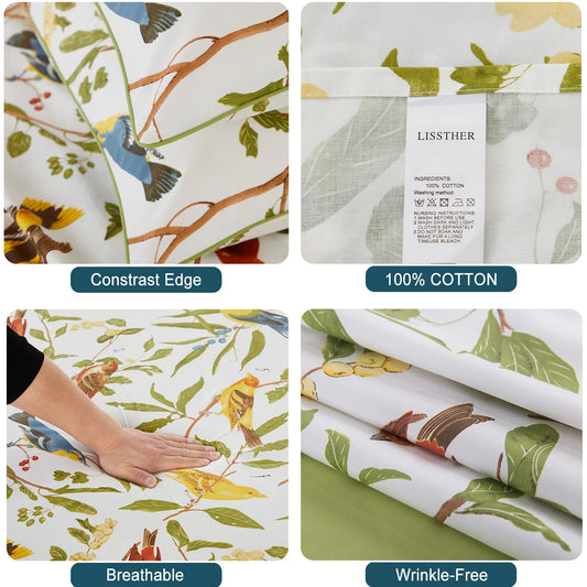3pcs 600TC 100% Egyptian Cotton Duvet Cover Set, Vintage Colorful Bird Floral, Soft Breathable Skin-Friendly (No Inserts)