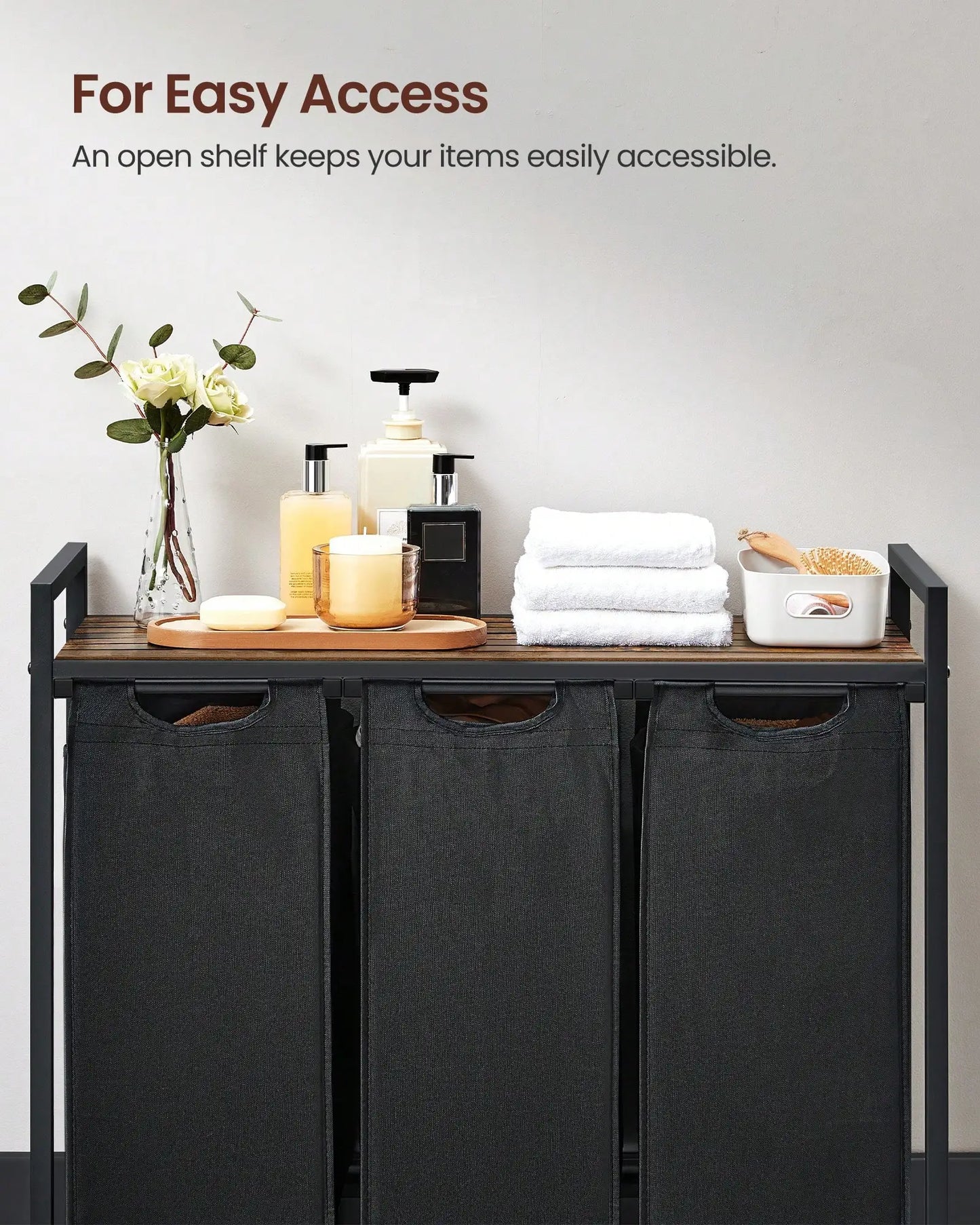 3-Bag Laundry Sorter with Rustic Wood Top. Large Laundry Hamper