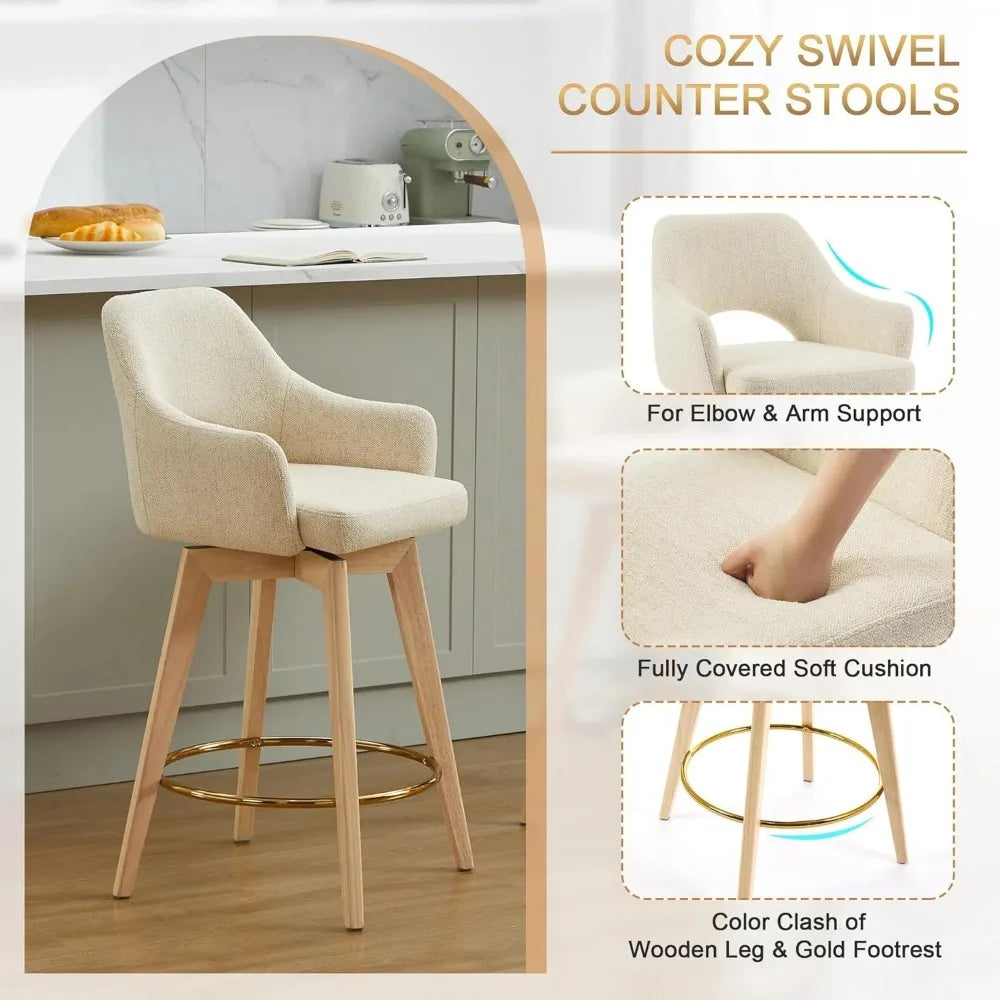 Swivel Counter Stools Set of 2, Raw Wood Tone Counter Height Bar Stools with Ergonomic Back, Soft Linen Fabric Island Chairs wi