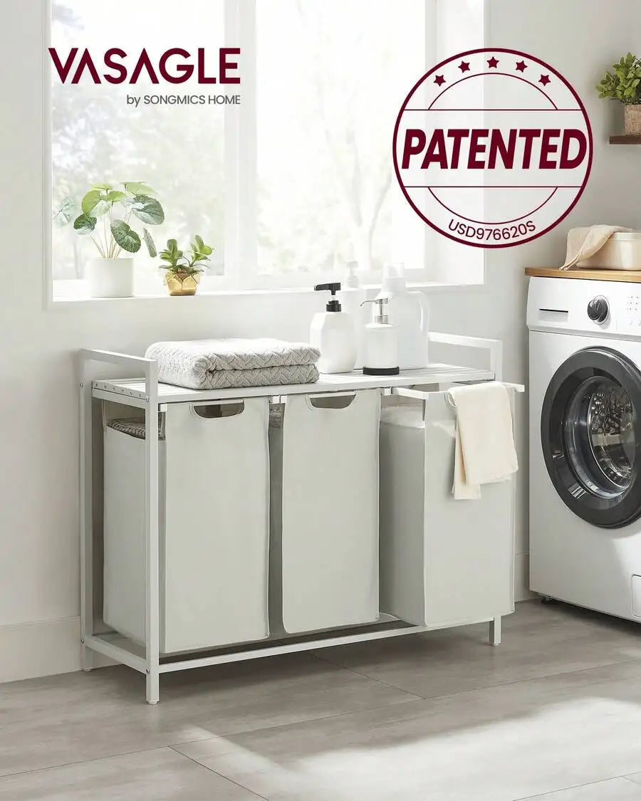 3-Section Laundry Sorter Hamper with Removable Bags & Pull Handles