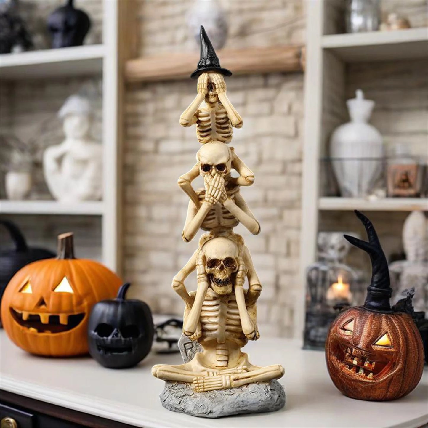 Spooky Halloween Skeleton Trio Figurine Tower No See Speak Hear Skull Decorations for Home Party Holiday Display