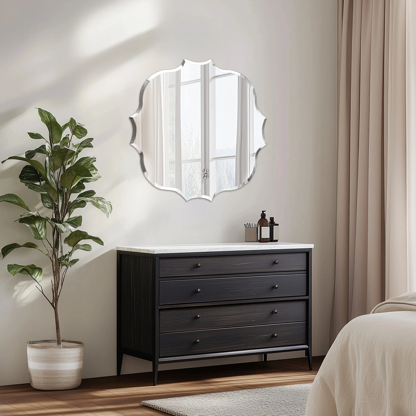 Wisfor Scalloped Edge Beveled Frameless Bathroom Wall Mirror for Living romm, Bedroom, Entrance