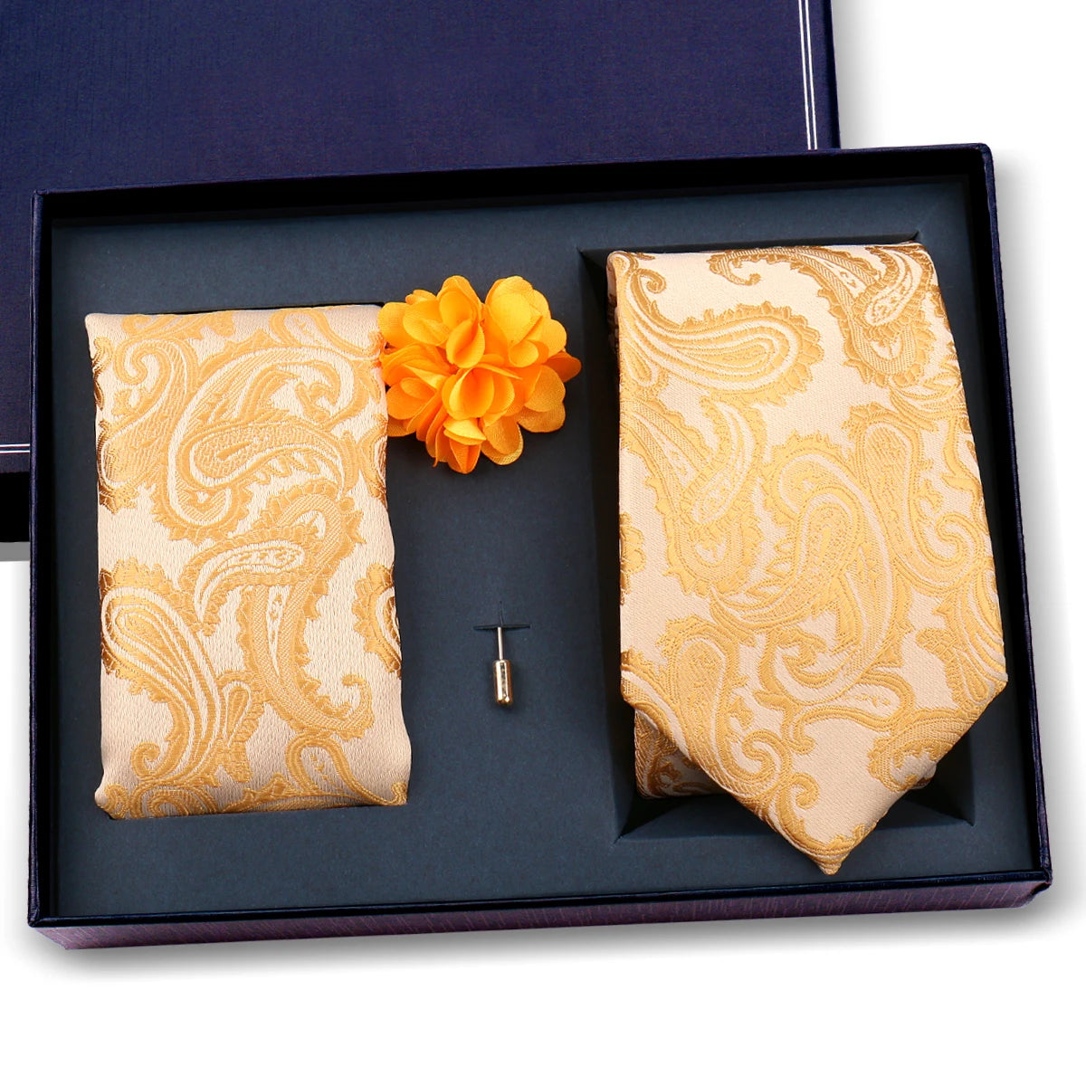 Luxury Men’s Paisley Necktie Gift Set. Silk Tie, Pocket Square, Cufflinks & Gift Box for Weddings & Business