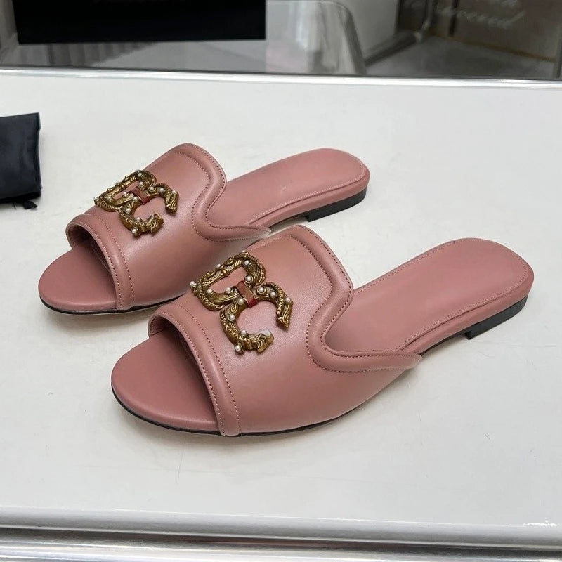 Women’s Genuine Leather Metal Accent Slide Sandals .Luxury European Style Slip-On Flats  Description: