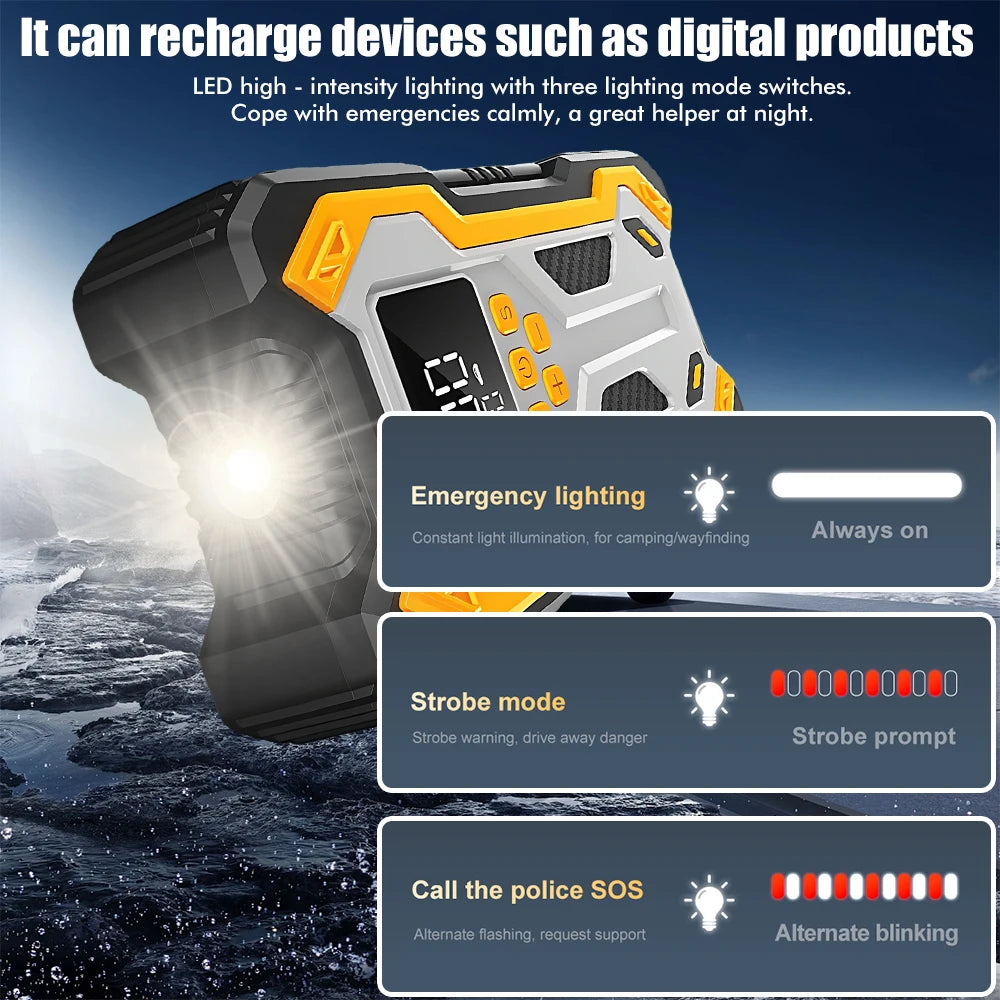 Portable Car Jump Starter with Digital Tire Inflator | 12V Battery Booster Pack | Air Compressor | LED Flashlight | USB Power Bank