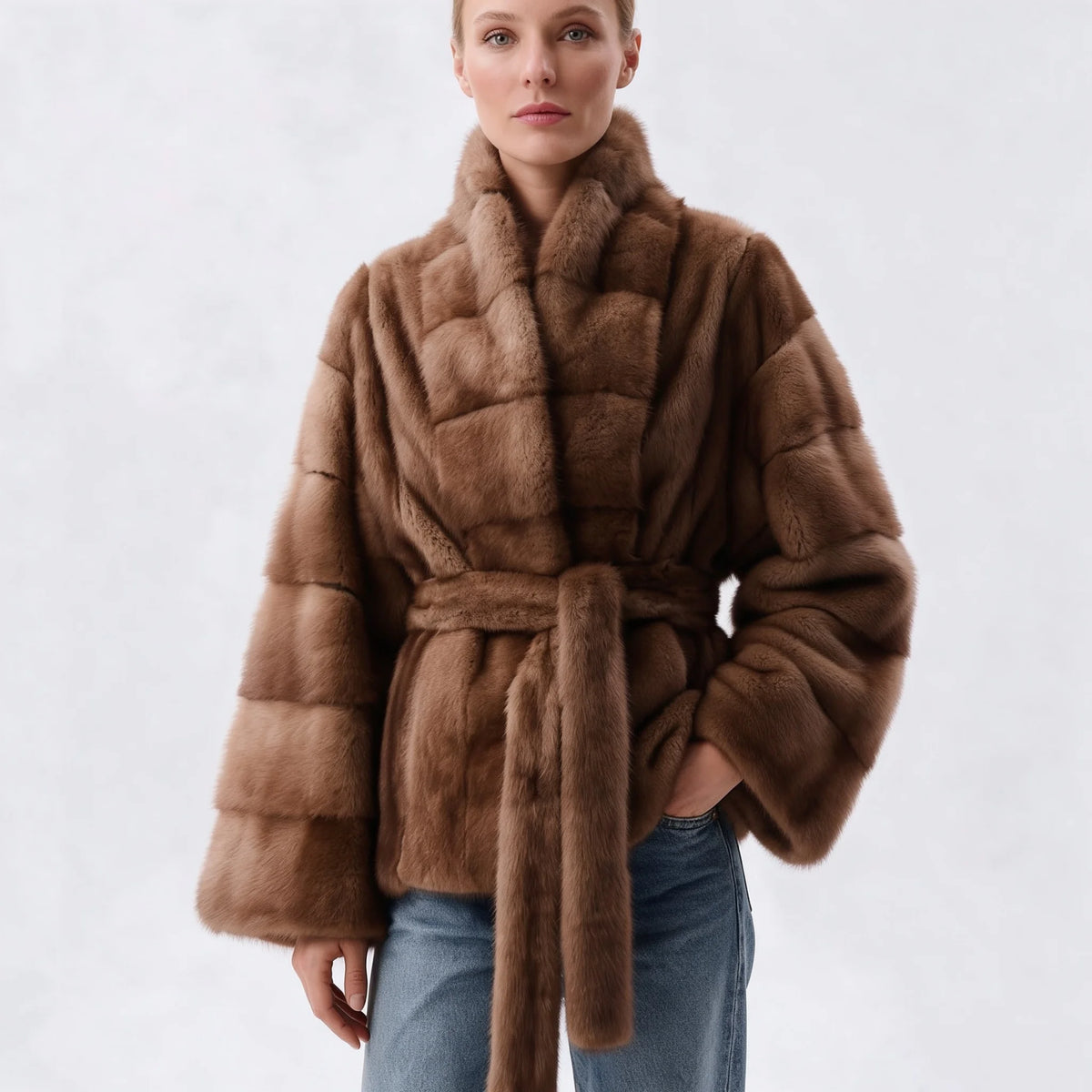Women's Faux Mink Fur Jacket. Belted Short Winter Coat with Stand Collar