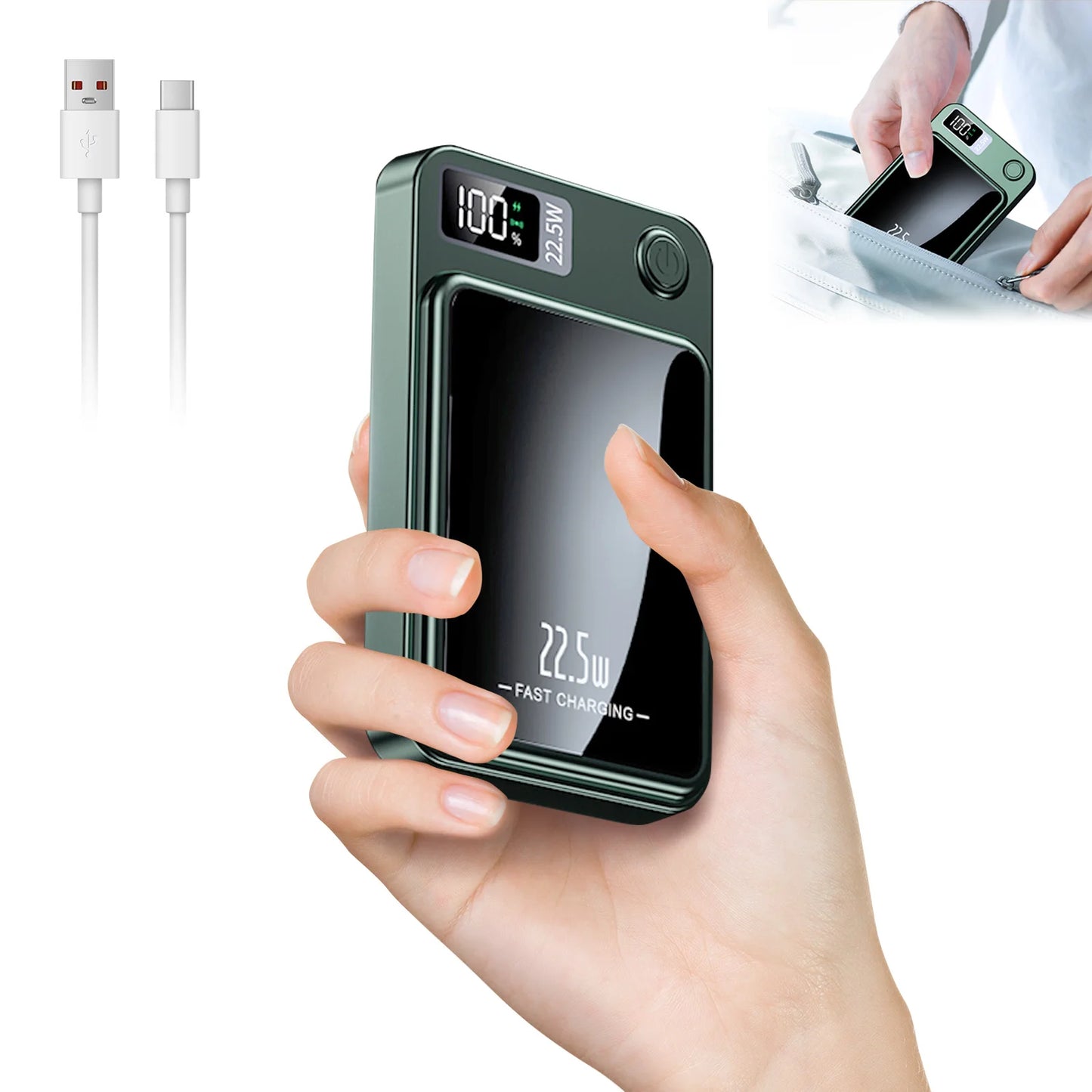 10000mAh Magnetic Wireless Power Bank, 2-in-1 Fast Charging Portable Charger with USB-C & MagSafe Compatible Battery Pack