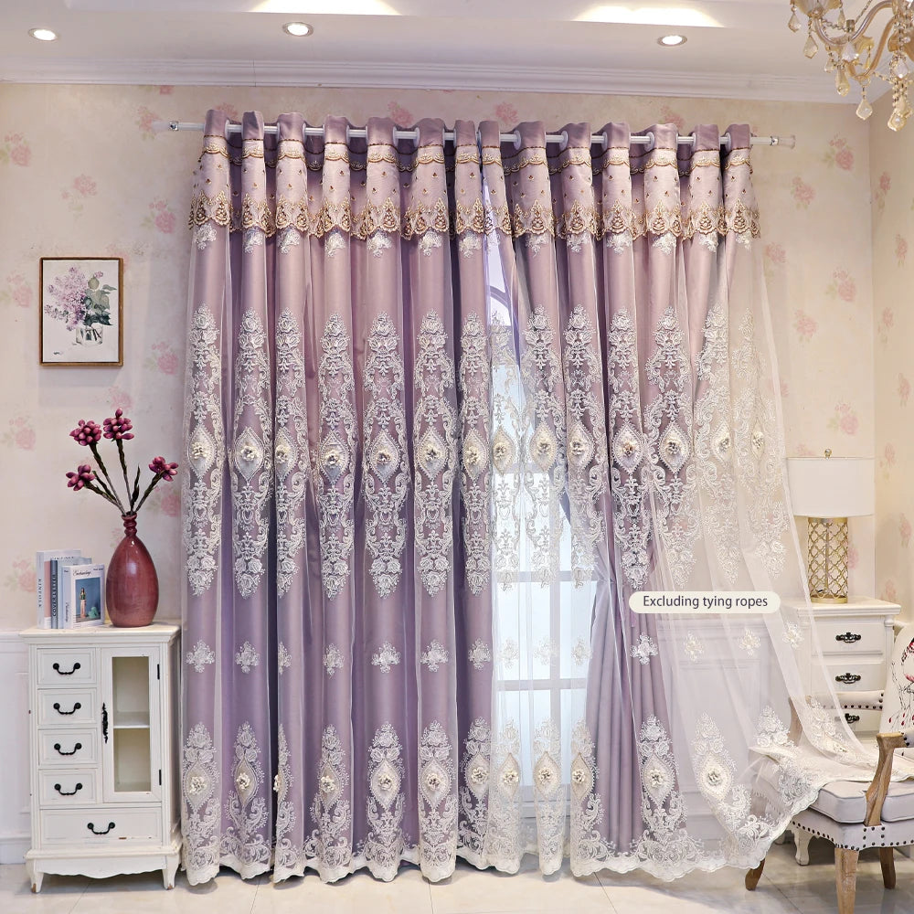 Luxury Embroidered Floral Blackout Curtains. Elegant Vintage Window Panels