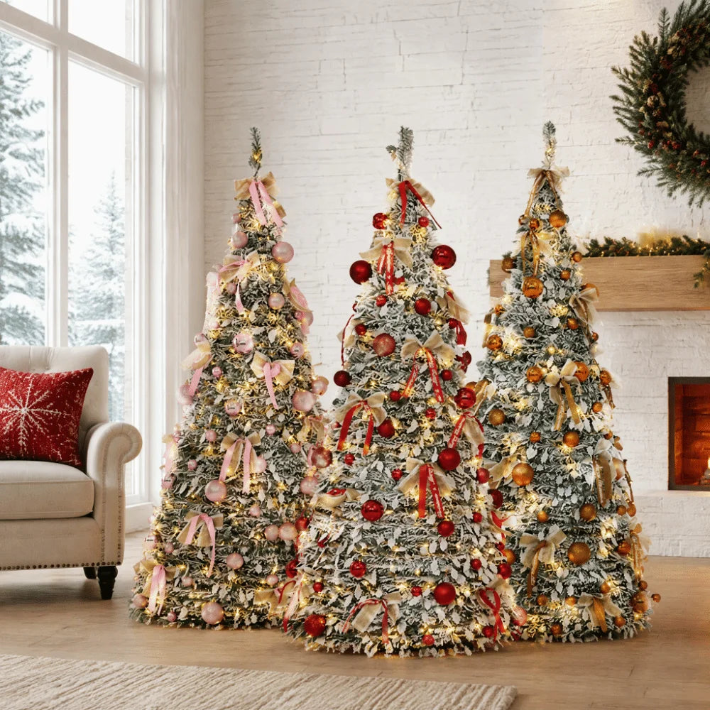 Foldable Snow Flocking Christmas Tree Space Saving Snowy Decor Collapsible Tree New Design With LED Xmas Tree Winter Season