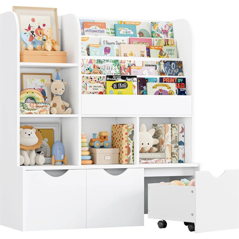 47'' Kids Bookcase and Bookshelf, Multifunctional Bookcase with 5 Storage Cubbies and 3 Movable Drawers, Toy Storager Display S