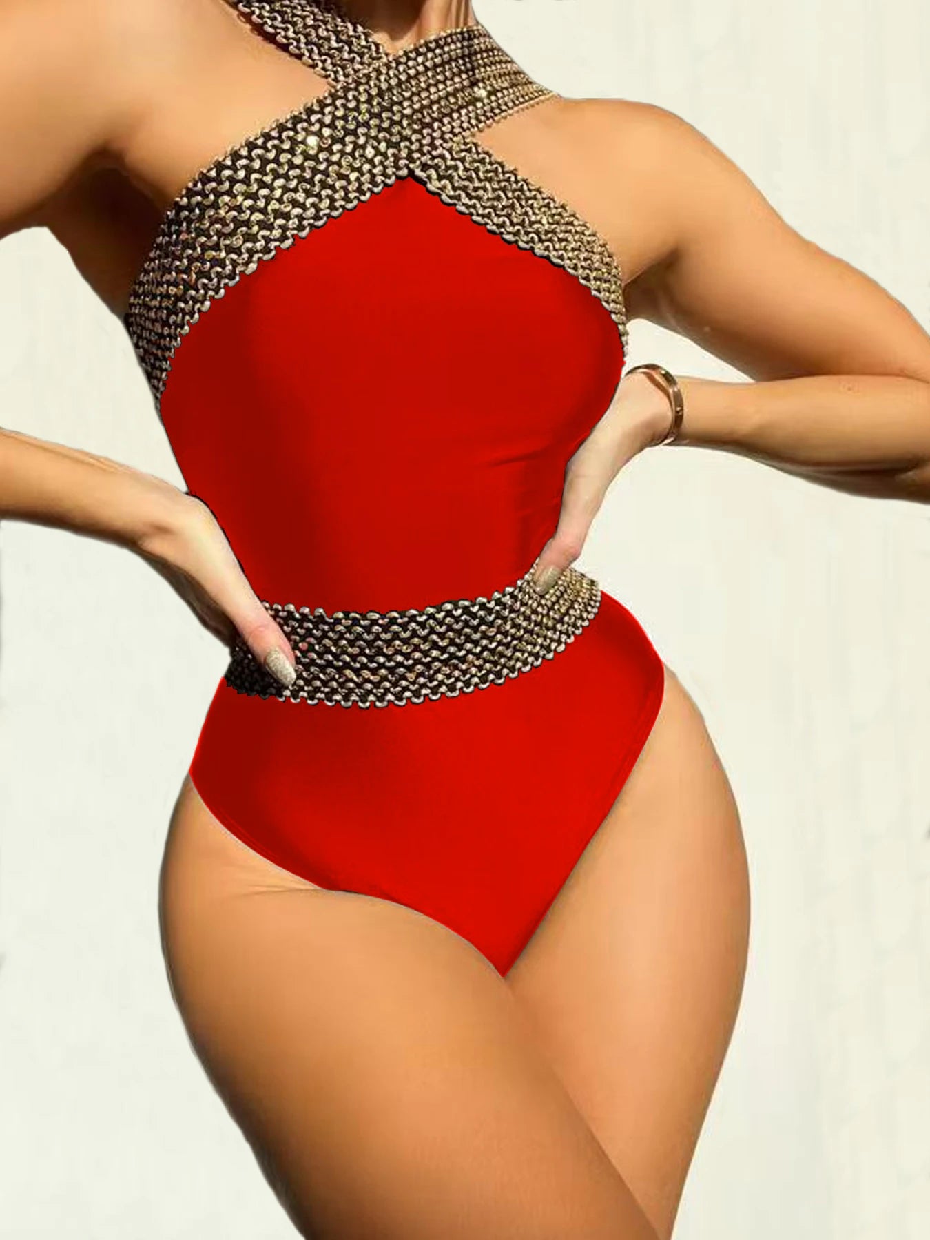 Women’s Crisscross Mesh One-Piece Swimsuit | Tummy Control Halter Bathing Suit
