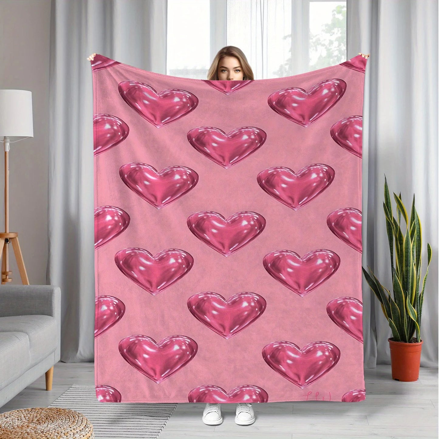 Heart Print Flannel Blanket - Digital Printed Soft Warm Suitable for Sofa Bed Travel Camping Office Beautiful Gift