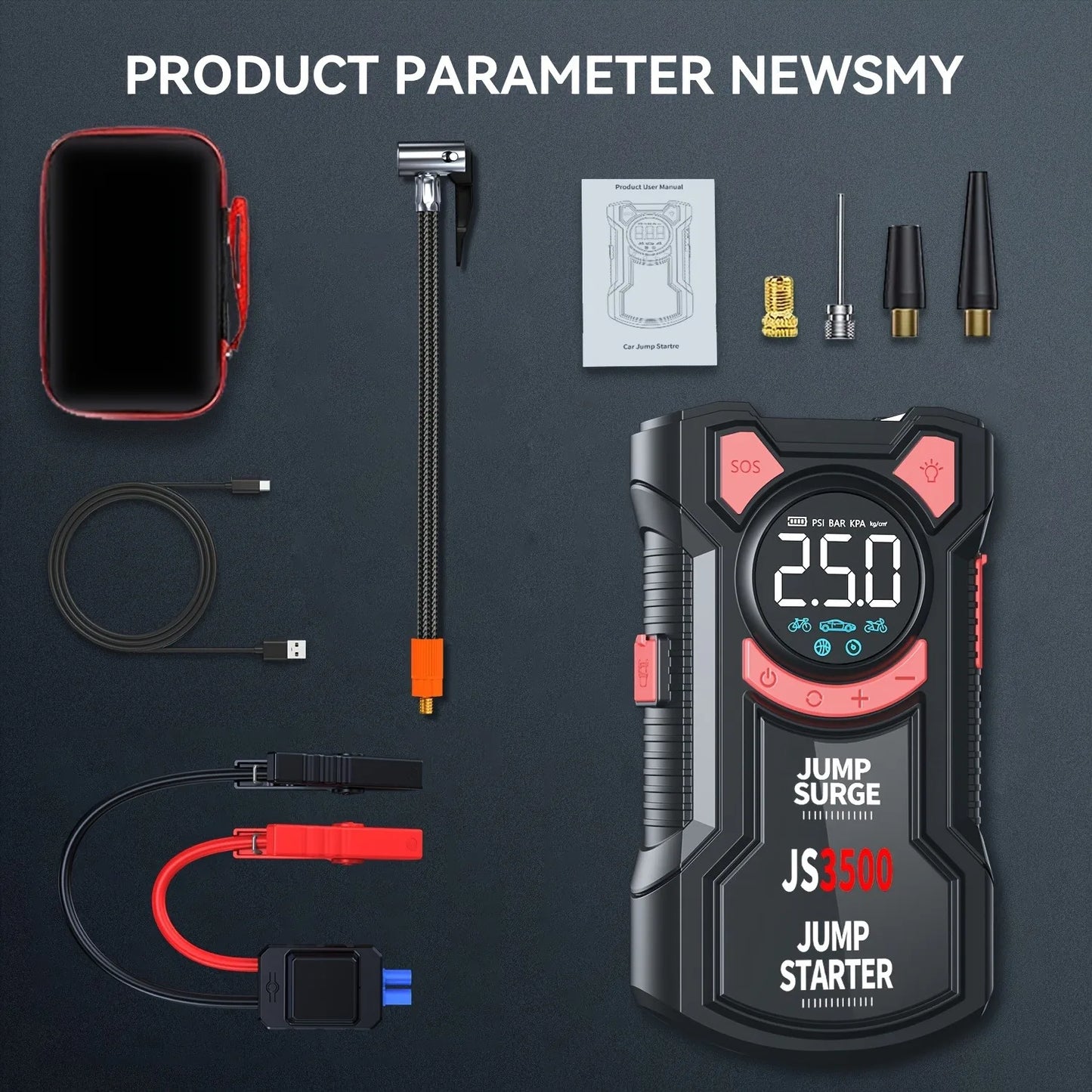 3000A Portable Car Jump Starter with Air Compressor  5-in-1 Battery Booster, Tire Inflator, LED Light & Power Bank