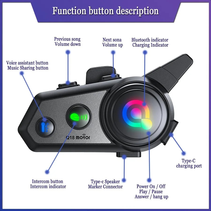 Motorcycle Bluetooth Headset Q18 Helmet Intercom 1000M