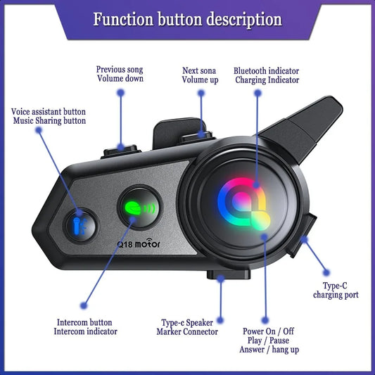 Motorcycle Bluetooth Headset Q18 Helmet Intercom 1000M