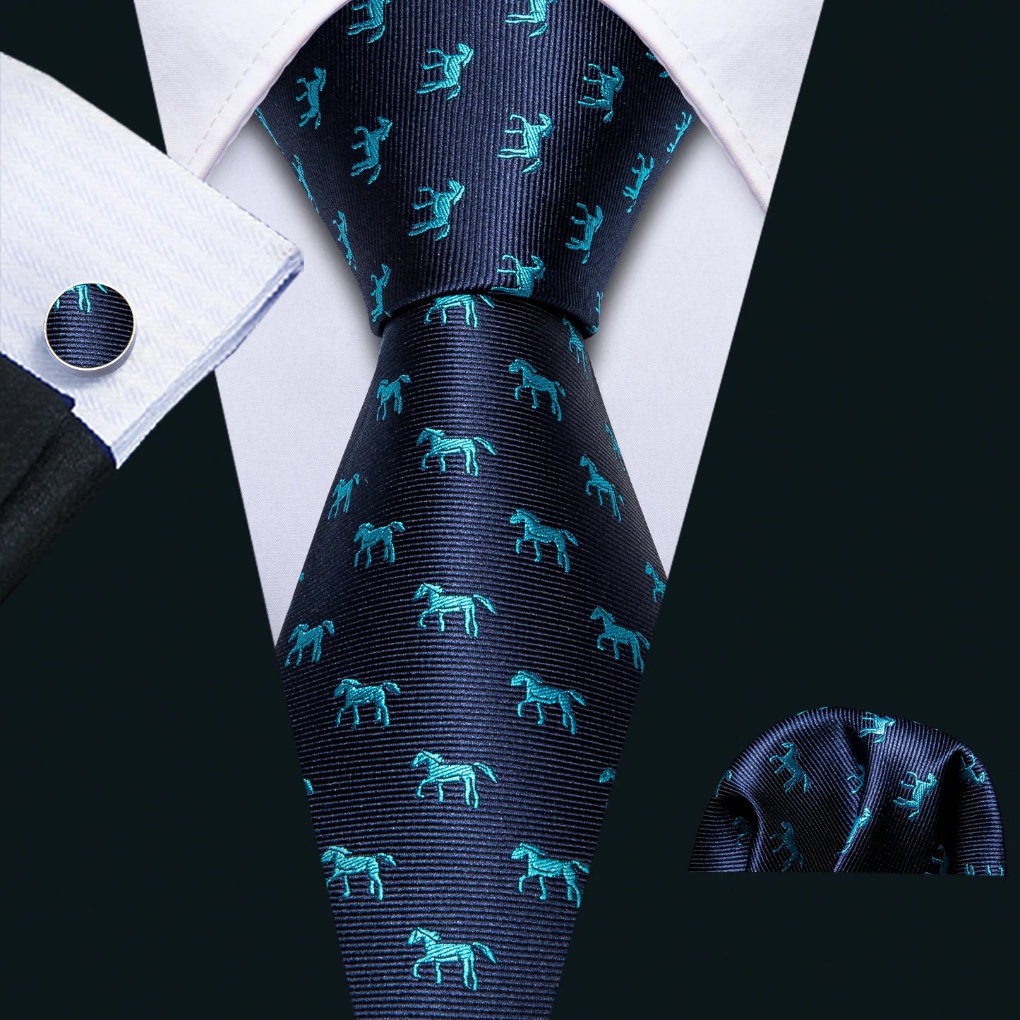 Men’s Luxury Dinosaur Necktie Set . Navy Blue Silk Tie, Pocket Square & Cufflinks for Business, Weddings & Special Events