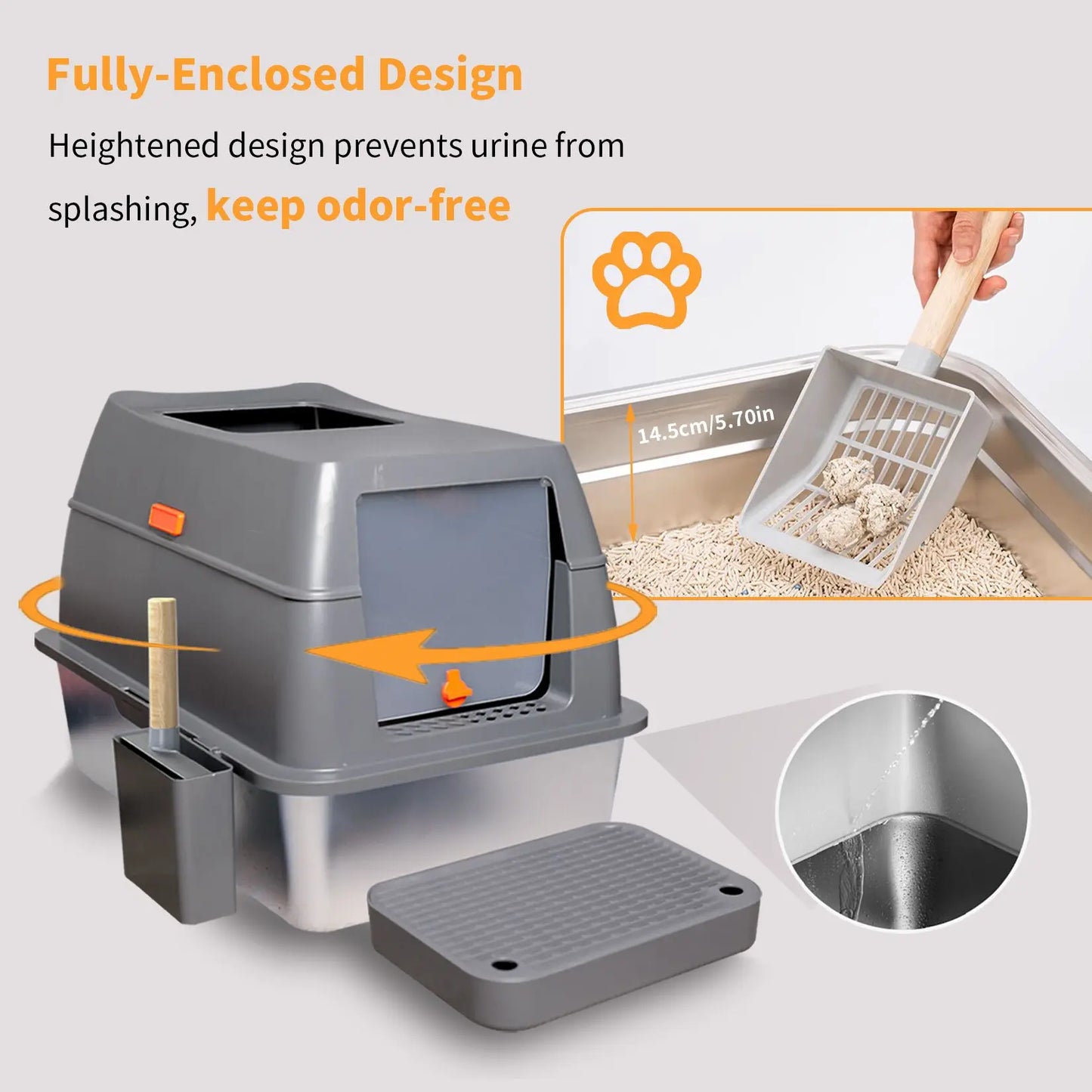 Enclosed Stainless Steel Cat Litter Box with Lid for Extra Large Cats Kitty Semi-open Design