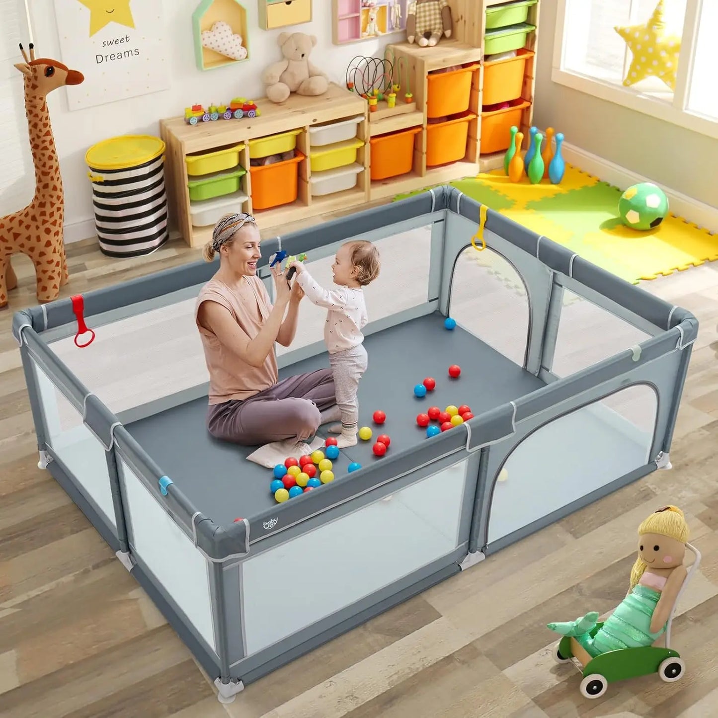 Playpen for Toddlers, Extra Large Playard Playpen for Toddlers Indoor & Outdoor with Ocean Balls, Non-Slip Suction Cups, Handleb