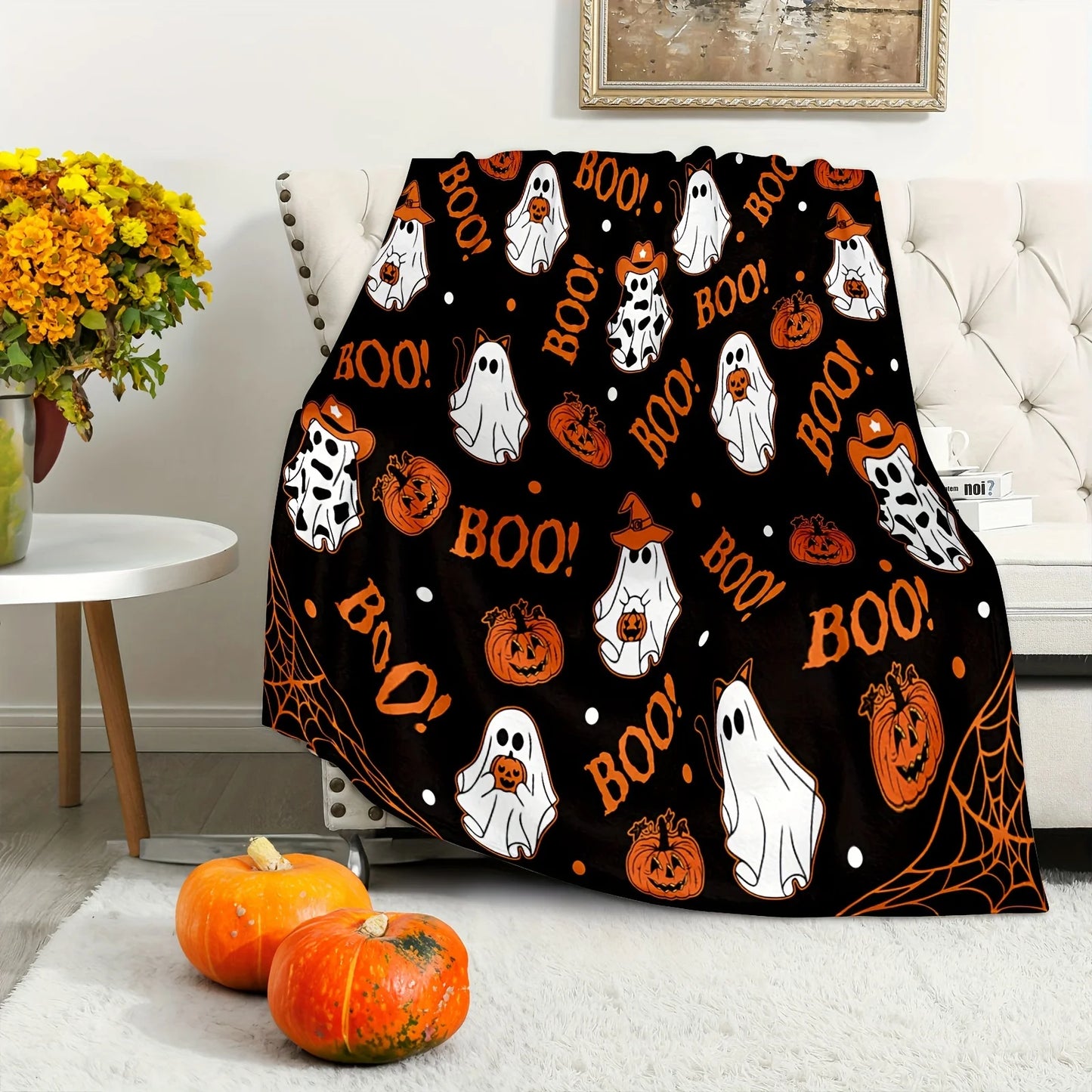 Cozy Halloween Flannel Throw Blanket . Spooky Ghost & Pumpkin Design