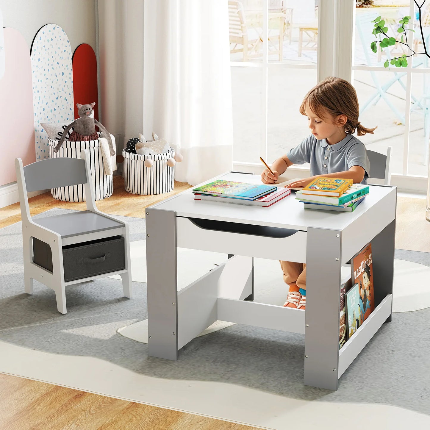 4-in-1 Kids Activity Table & Chair Set with Bookshelves and Storage Bins